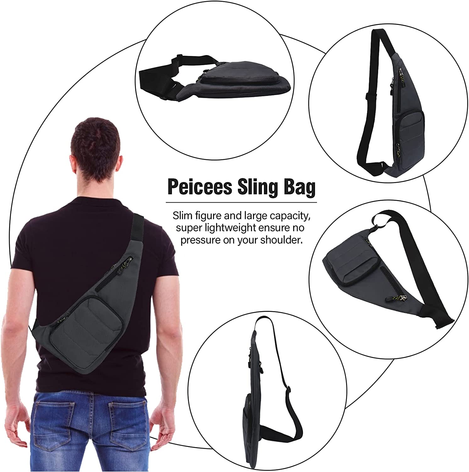 Peicees Sling Bag for Men Women Shoulder Bag Backpack Strap Pockets Chest Bag for Running Hiking Camping Exercise Outdoor - Image 2